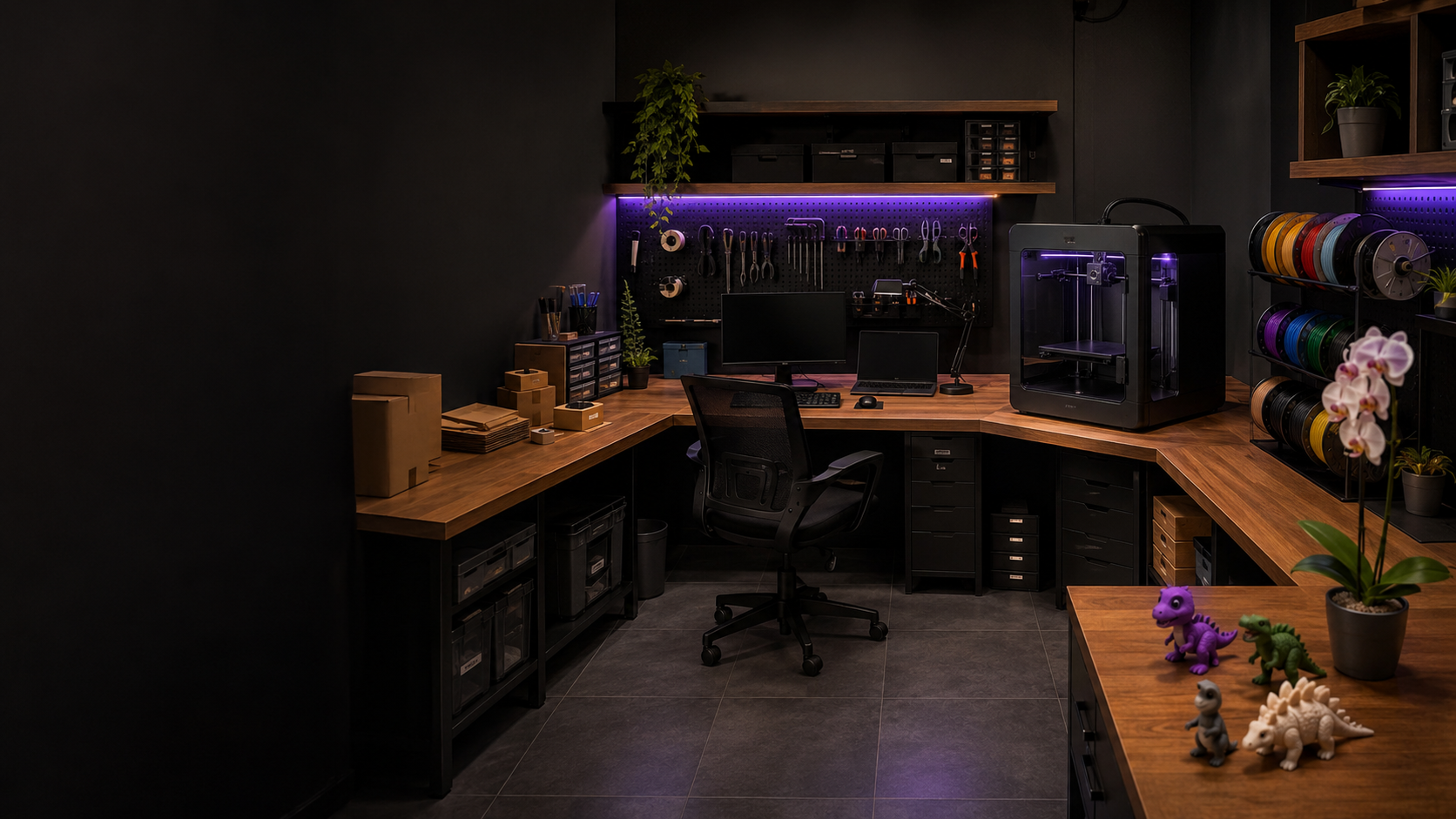 Estúdio EG3D com área de projetos, impressão 3D e produção